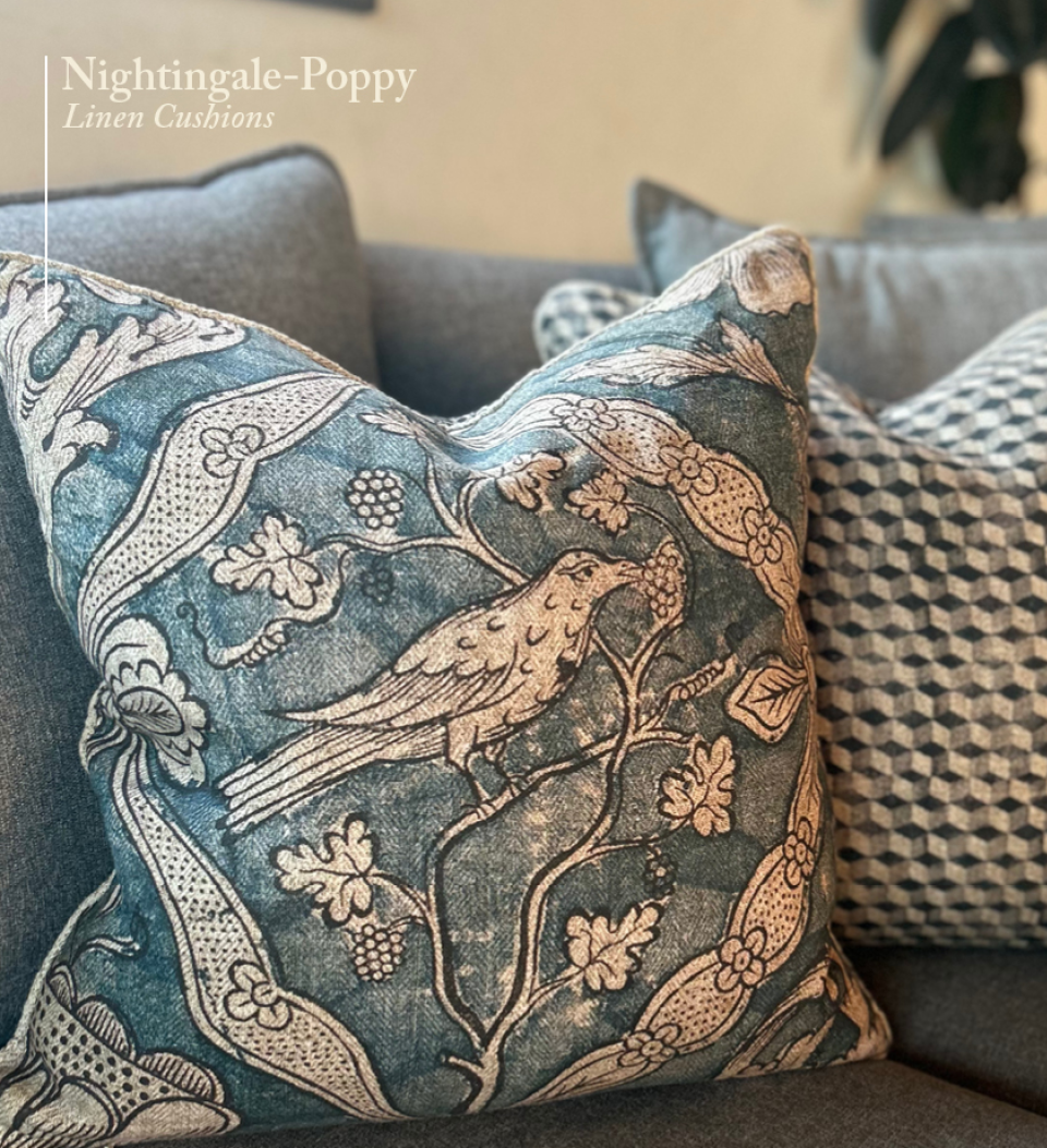 Nightingale-Poppy Linen Cushion